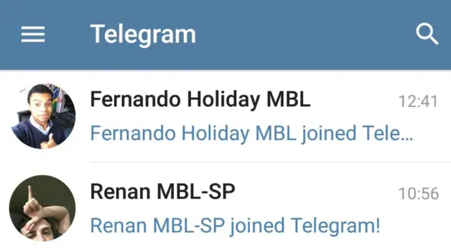 Notificação do Telegram mostrando a entrada dpo vereador Fernando Holliday (DEM-SP) esol bet apostasRenan Santos, ambos líderes do MBL