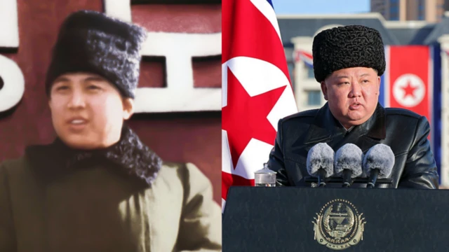 किम जोंग उन (उजवीकडे) यांच्या आजोबांनी (किम इल सुंग) फेब्रुवारी 1948 मध्ये प्योंगयांगच्या एका लष्कर परेडमध्ये घातली होती तशीच फरची टोपी 2026 मध्ये एका भाषणाच्या वेळेस किम जोंग उन यांनी घातली होती