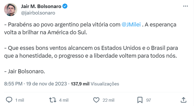 Tuíte do ex-presidente Jair Bolsonaro comemorando a vitóriabonus lampions betMilei