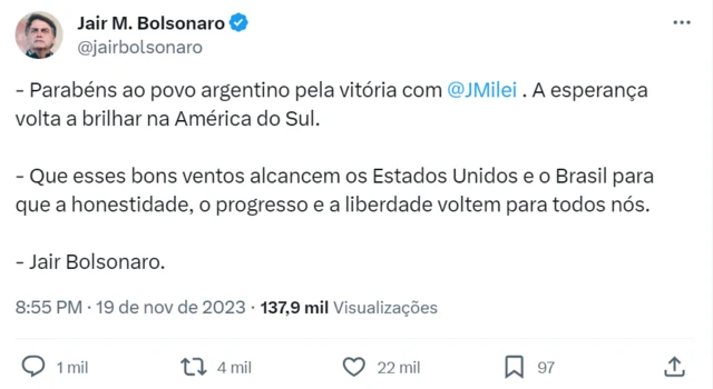 Tuíte do ex-presidente Jair Bolsonaro comemorando a vitóriabetway aceita nubankMilei