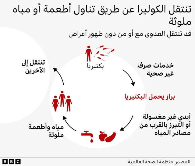 رسم توضيحي لكيفية انتشار الكوليرا.