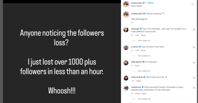 Screengrab of Instagram user dey compain of lost followers