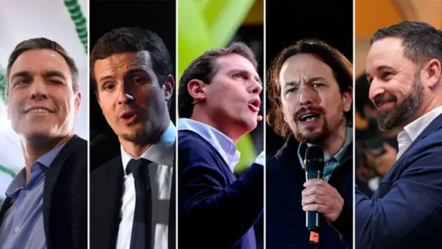 Sosyalist Parti lideri Pedro Sánchez, Halk Partisi lideri Pablo Casado, Ciudadanos lideri Albert Rivera, Podemos lideri Pablo Iglesias, Vox lideri Santiago Abascal