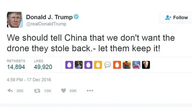 特朗普再发推特称，应该告诉中国我们不想要回被偷走的潜航器，让他们留着吧。