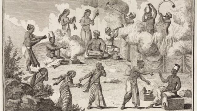 Une peinture de l'explorateur français Pierre Sonnerat (1748-1814) montrant la coutume du sati en Inde