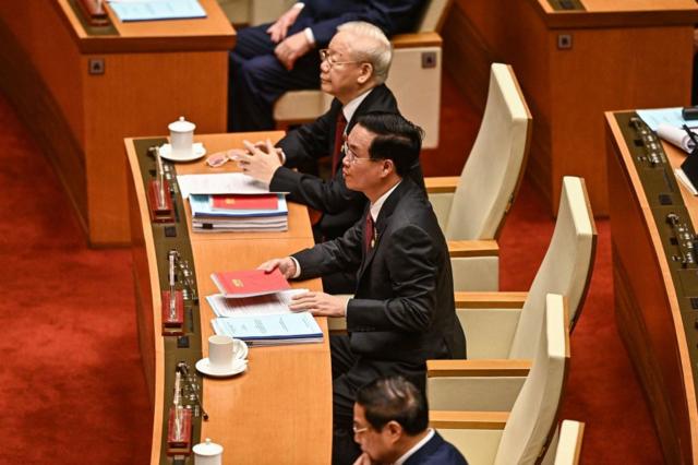 Tổng Bí thư Nguyễn Phú Trọng và Chủ tịch nước Võ Văn Thưởng tại phiên khai mạc Kỳ họp bất thường lần thứ 5 của Quốc hội tại Hà Nội ngày 15/1/2024