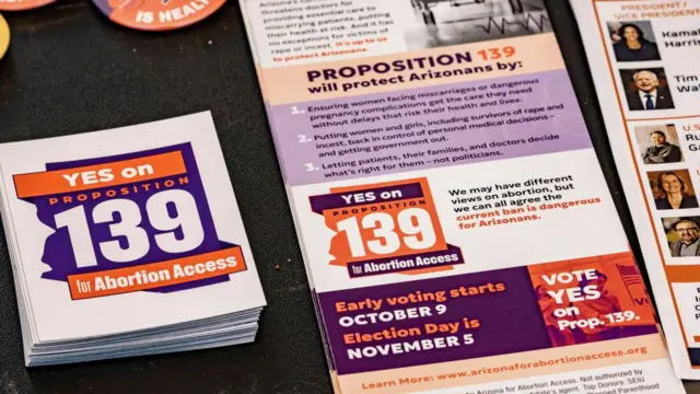 A table with literature calling for a YES vote on proposition 139, the right to abortion initiative, is displayed in a community centre in Arizona, a state won by Donald Trump in the 2024 US election