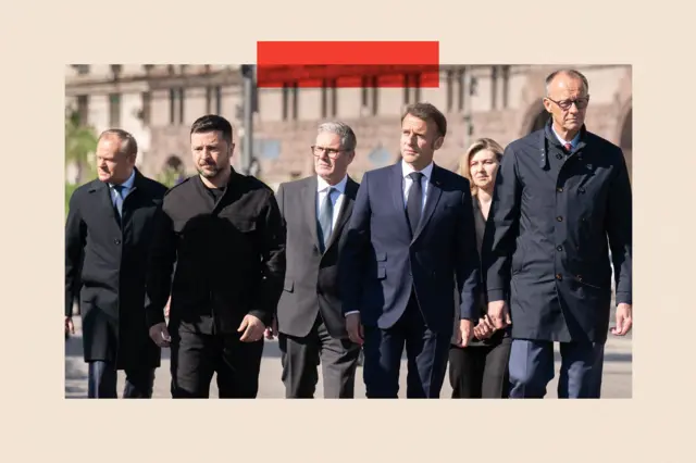 Donald Tusk, Vladimir Zelenski, Kir Starmer, Emanuel Macron, Olena Zelenski I Fridrih Marc u Kijevu