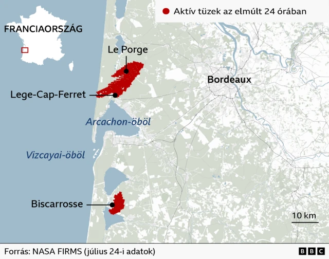 Ábra arról, hol jelentenek aktív eseteket az elmúlt 24 órában Le Porge és Biscarrosse központtal.