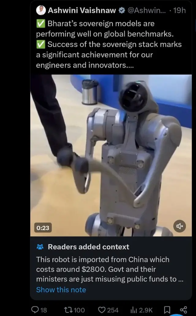 انڈیا کے وزیر برائے ریلوے، اطلاعات و نشریات اور انفارمیشن ٹیکنالوجی اشونی وشنو کی ایکس پوسٹ جس میں وہ دعویٰ کر رہے ہیں کہ روبوٹ کتا انڈیا میں تیار کیا گیا