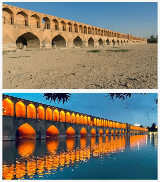 22 Şubat 2025'te İran'ın İsfahan kentinde kuruyan Zayandeh Rud Nehri ve Allahverdi Han Köprüsü - Si-o-se-pol (33'lü Köprü) olarak da bilinir (üstte). 5 Haziran 2023'te geceleyin aynı açıdan, İsfahan'daki Zayandeh Rud Nehri boyunca akan suyun görünümü
