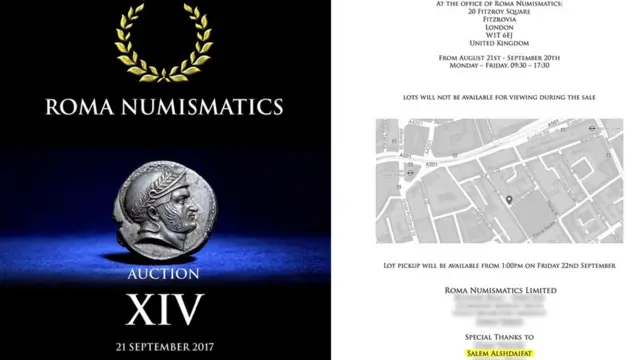 Roma Numismatics katalogunda yer alan İskender sikkesi satışı için "Salem Alshdaifat'a özel teşekkürlerle" ifadesi kullanılmış