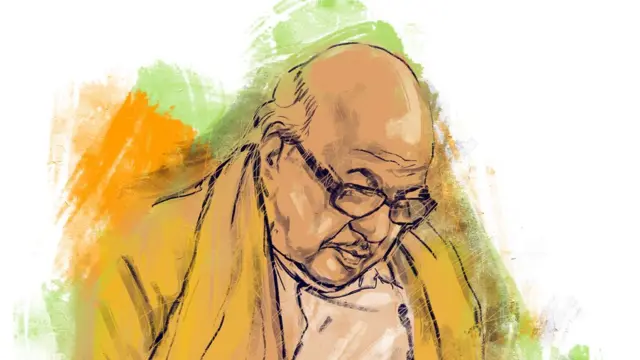 પીળી શાલ ઓઢેલા કરુણાનિધિનો સ્કેચ