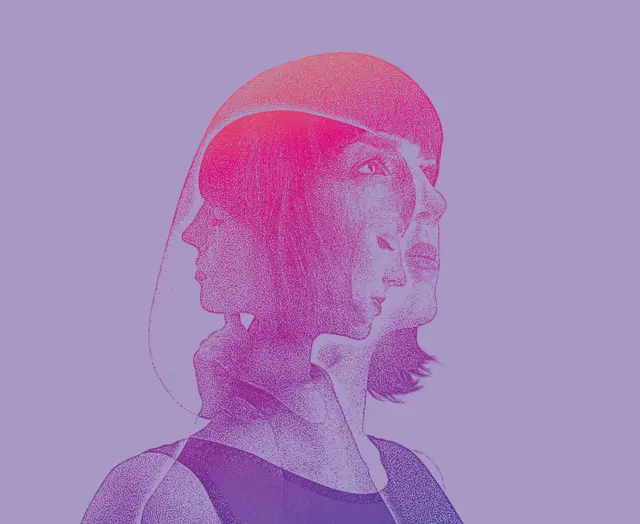 Ilustración de tres rostros de una misma mujer superpuestos con diferentes caras reflexivas.