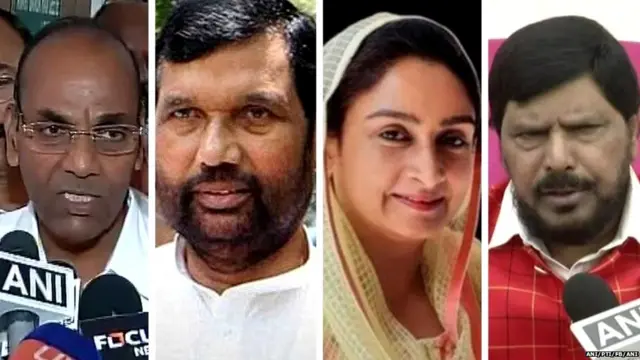 ਐੱਨੀਡੀਏ ਦੇ ਗੈਰ-ਭਾਜਪਾ ਮੰਤਰੀ- )ਖੱਬਿਓਂ ਸੱਜੇ) ਅਨੰਤ ਗੀਤੇ, ਰਾਮ ਵਿਲਾਸ ਪਾਸਵਾਨ, ਹਰਸਿਮਰਤ ਕੌਰ ਬਾਦਲ, ਰਾਮਦਾਸ ਅਠਾਵਲੇ