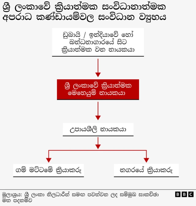 මේ, ශ්‍රී ලංකාවේ ක්‍රියාත්මක සංවිධානාත්මක අපරාධ කණ්ඩායම්වල සංවිධාන ව්‍යුහය පෙන්වන සටහනකි. එහි ඉහළින් ම සිටින්නේ ඩුබායි / ඉන්දියාවේ හෝ
බන්ධනාගාරයේ සිට ක්‍රියාත්මක වන නායකයා, දෙවනුව ශ්‍රී ලංකාවේ ක්‍රියාත්මක මෙහෙයුම් නායකයා, තෙවනුව උපායශීලි නායකයා සහ පසුව ගම් මට්ටමේ ක්‍රියාකරු හා නගරයේ ක්‍රියාකරු සම මට්ටමින් ක්‍රියාත්මක වේ. 