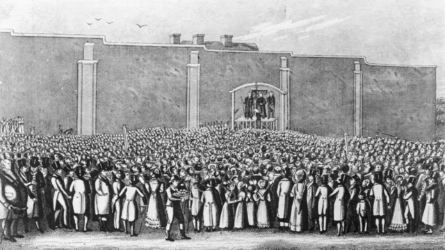 طرحی از اعدام ویلیام کوردر که جمعیت زیادی گرد آمدند و ویلیام و مجریان اعدام در بالای سکویی ایستاده‌اند