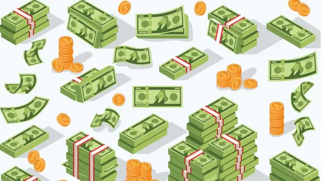 Ilustración de billetes y monedas de dólar.