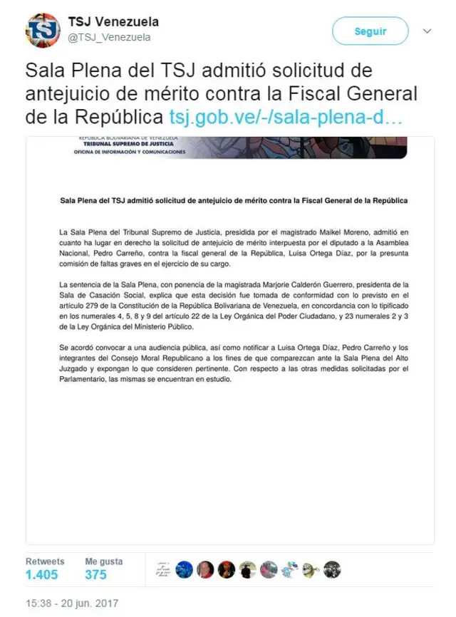Tuit del Tribunal Supremo de Justicia