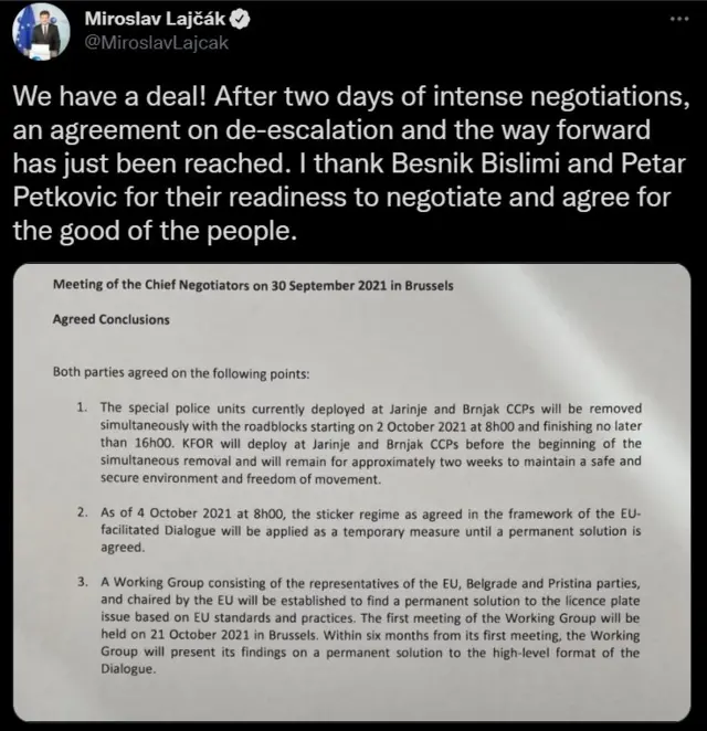 Lajčakova objava na Tviteru