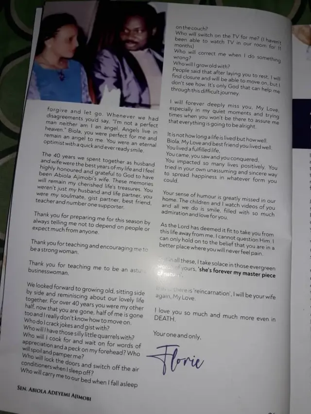 Ọrọ imọyi ti Florence Ajimobi kọ fun iranti ọdun kan ọkọ rẹ