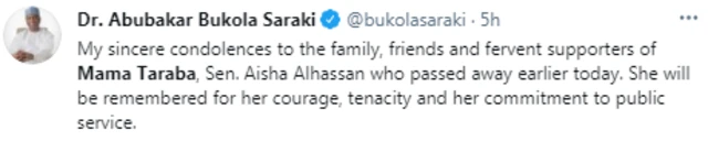 Aisha Alhassan "Mama Taraba" dies: [Buhari former 'Minister' of Women Affairs don die]