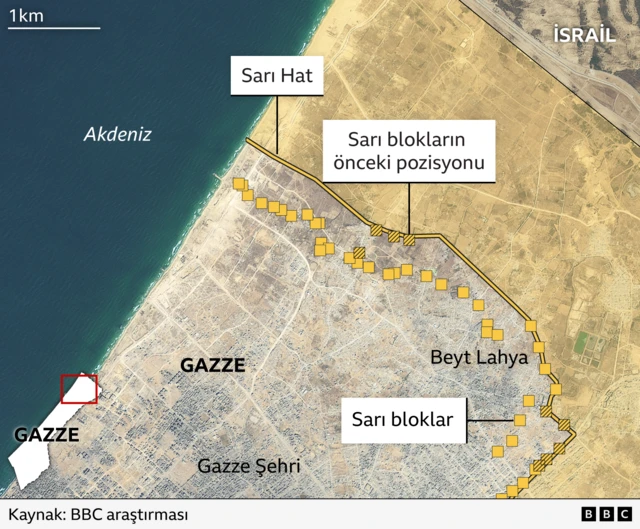 BBC grafiği, Gazze'de Beyt Lahiya bölgesindeki sarı blokların değiştirildiği yerleri gösteriyor.