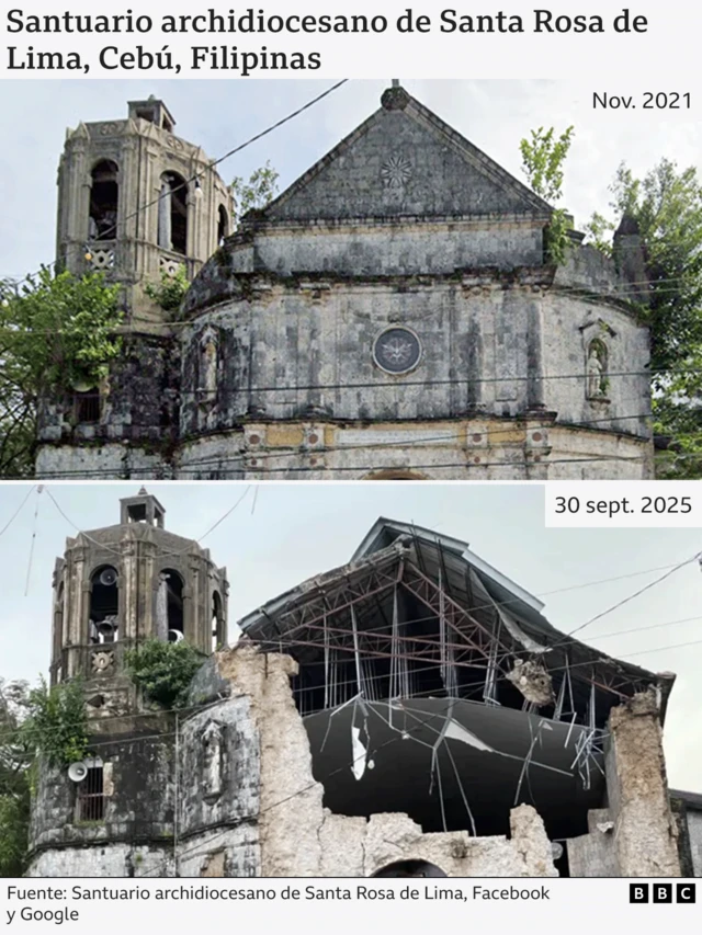 Composición de imágenes de una iglesia en Filipinas antes y después del terremoto. En la segunda imagen parte del templo está derruido.