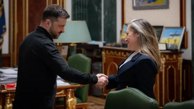 Володимир Зеленський тисне руку Христі Фріланд в кабінеті