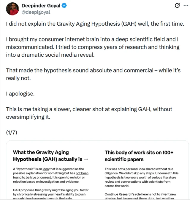 ਦੀਪੇਂਦਰ ਗੋਇਲ ਵੱਲੋਂ ਆਪਣੇ ਐਕਸ ਪਲੈਟਫਾਰਮ ਉੱਤੇ ਆਪਣੇ ਗ੍ਰੈਵੀਇਟੀ ਏਜਿੰਗ ਹਾਈਪੋਥੀਸਿਸ ਬਾਰੇ ਸਾਂਝੀ ਕੀਤੀ ਗਈ ਜਾਣਕਾਰੀ 