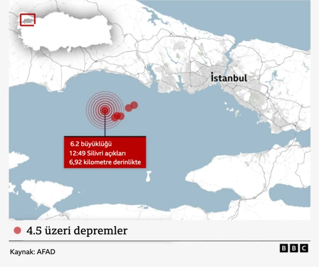 BBC'nin deprem haritası, 4.5 üstü depremleri gösteriyor.