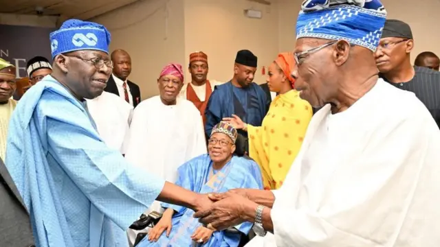 President Tinubu, IBB and former President Olusegun Obasanjo for di book launch