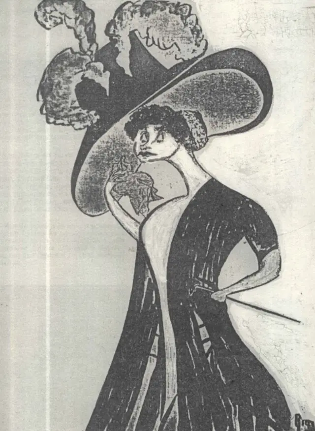 Primeira caricatura publicada de Nair retrata a artista francesa Réjane, que passava uma temporada no Brasil