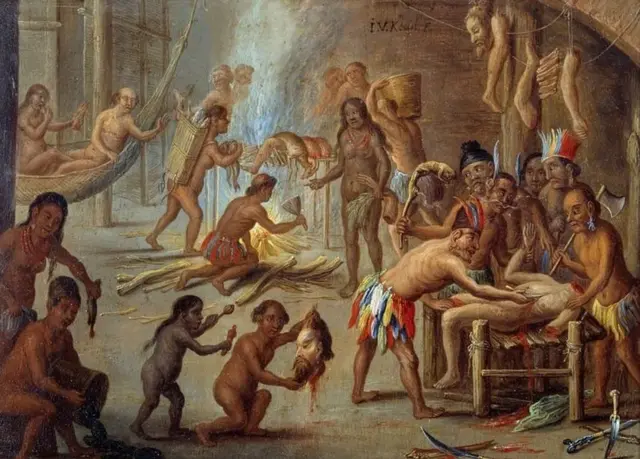 ઈ.સ. 1644માં બ્રાઝિલમાં માનવભક્ષણનું એક દૃશ્ય, જેમાં સ્થાનિક લોકો પોતાના દુશ્મનો અને કેદીઓને ખાઈ રહ્યા છે. 'ધ એલ્ડર' ઇજ યાન વાન કેસલ (કિલ્લો)