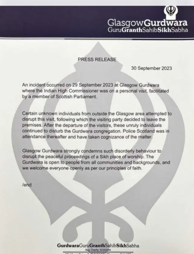 ਸਕਾਟਲੈਂਡ ਵਿੱਚ ਗੁਰਦੁਆਰੇ ਵੱਲੋਂ ਜਾਰੀ ਪ੍ਰੈਸ ਰਿਲੀਜ਼