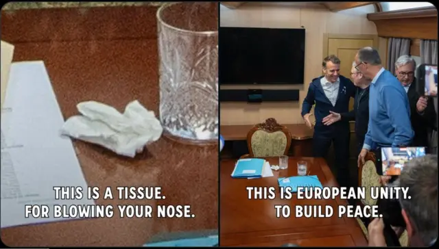 Коллаж из двух картинок. На картинке слева написано This is a tissue. For blowing your nose («Это салфетка. Чтобы сморкаться»), на второй This is European unity. To build peace («Это единство Европы. Чтобы строить мир»).
