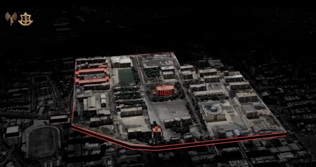 نقشه سه بعدی منتشر شده از سوی ارتش اسرائیل از ستاد کل فرماندهی انتظامی ایران