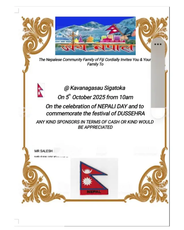 नेपाली मूलका फिजीयनहरूलाई दशैँ मान्न आग्रह गर्दै सामाजिक सञ्जालमा गरिएको निमन्त्रणा