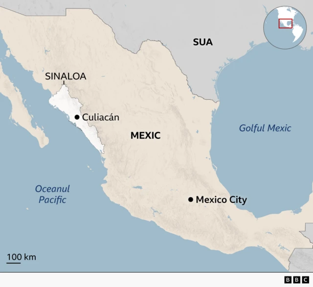 O hartă care arată locația orașului Culiacan, lângă coasta Mexicului către Oceanul Pacific. Sunt afișate și statul Sinaloa și granița cu SUA.