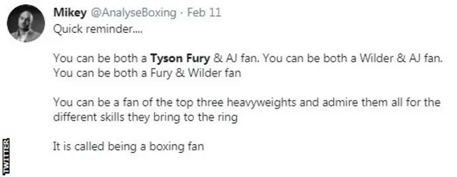 A screengrab of a tweet saying that you can be a fan of all three top heavyweights - Anthony Joshua, Tyson Fury and Deontay Wilder