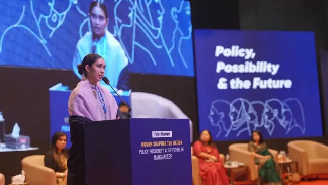 ১৮ই জানুয়ারি 'উইমেন শেপিং দ্য নেশন: পলিসি, পসিবিলিটি অ্যান্ড দ্য ফিউচার অব বাংলাদেশ' শীর্ষক অনুষ্ঠানে বক্তব্য রেখেছেন জাইমা রহমান