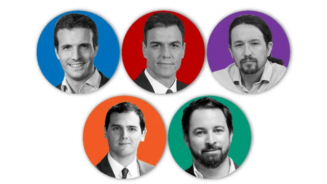 Os candidatos dos 5 principais partidos são Pablo Casado (PP), Pedro Sánchez (PSOE), Pablo Iglesias (Unidas Podemos), Albert Rivera (Ciudadanos) e Santiago Abascal (Vox).