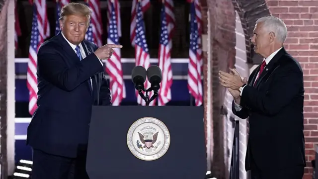The president joined Mr Pence with a surprise appearance at the conclusion of his speech
