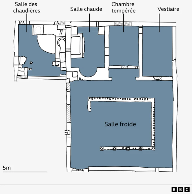 Plan du complexe des bains montrant la chaufferie, la salle chaude, la salle d'eau chaude et les vestiaires le long du mur supérieur et la grande salle froide en dessous avec son bassin central.