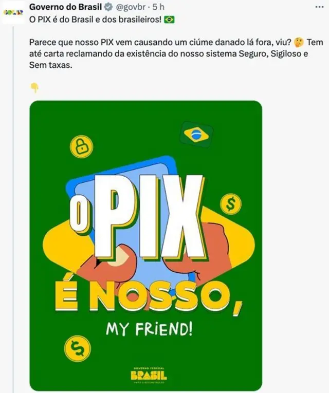 Captura de tela de postagem do Governo do Brasil no X. O texto diz: “O PIX é do Brasil e dos brasileiros! Parece que nosso PIX vem causando um ciúme danado lá fora, viu? Tem até carta reclamando da existência do nosso sistema Seguro, Sigiloso e Sem taxas.” Abaixo, há uma ilustração em fundo verde com a frase em destaque: “O PIX É NOSSO, MY FRIEND!”, acompanhada de ícones de moedas, bandeira do Brasil e duas mãos segurando um celular.