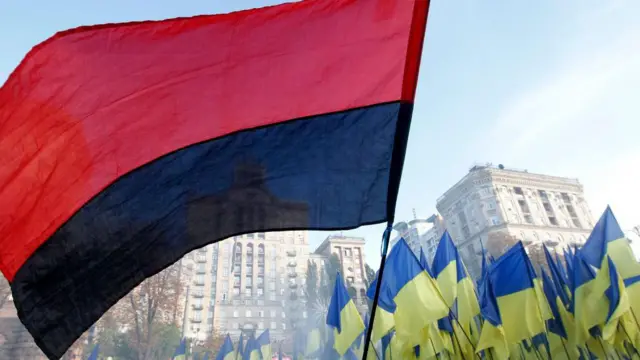 На передньому плані великий червоно-чорний прапор, що майорить над натовпом, а позаду видно численні синьо-жовті українські прапори. Подія відбувається в місті, серед багатоповерхових будівель, у злегка задимленій атмосфері.