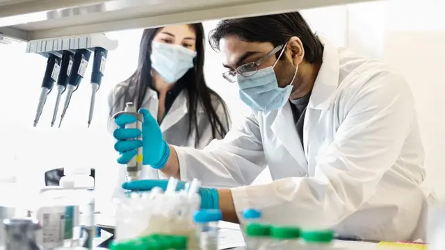Scientists work in a lab in New York city - trying to validate a rapid antibody test for Covid-19 using samples from patients who have recovered from the disease
