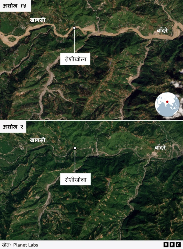 बाढीअघि र पछिको रोशीखोला क्षेत्र