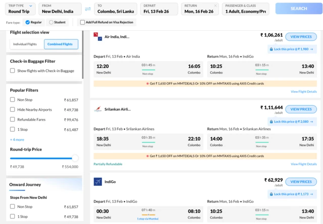 Make My Trip වෙබ් අඩවියට අනුව ඉන්දියාවේ නව දිල්ලි අගනුවර සිට ශ්‍රී ලංකාවේ කටුනායක ගුවන් තොටුපොළ දක්වා ගුවන් ගමන්වල ප්‍රවේශ පත්‍ර මිල ගණන් දැක්වෙන අයුරු.

