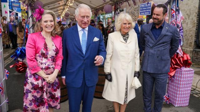Kellie Bright, the Prince of Wales, the Duchess of Cornwall and Danny Dyer on the set of EastEnders